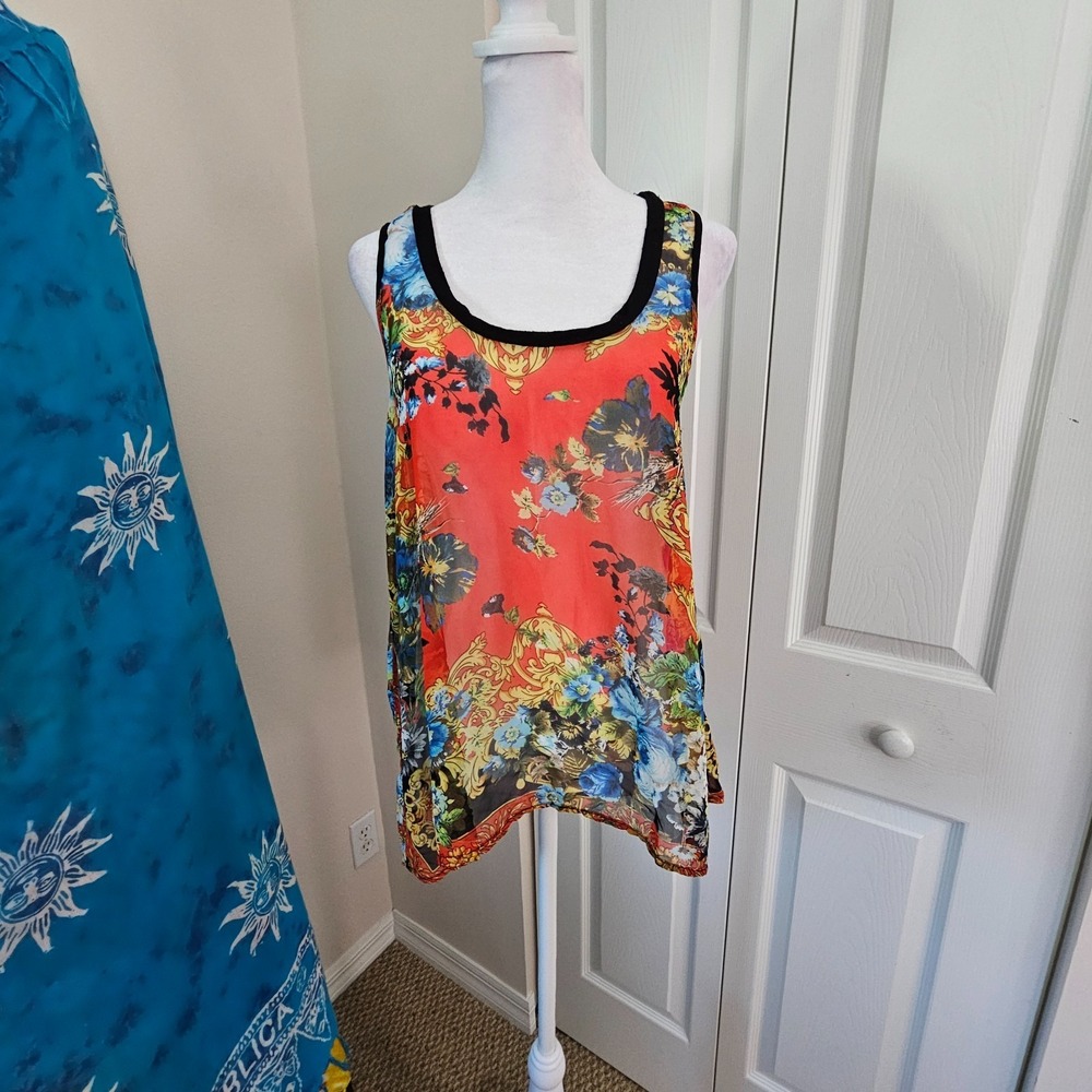 Red Sleeveless Baroque Floral Sheer Flowy Blouse Tropical Lagenlook Resort XL